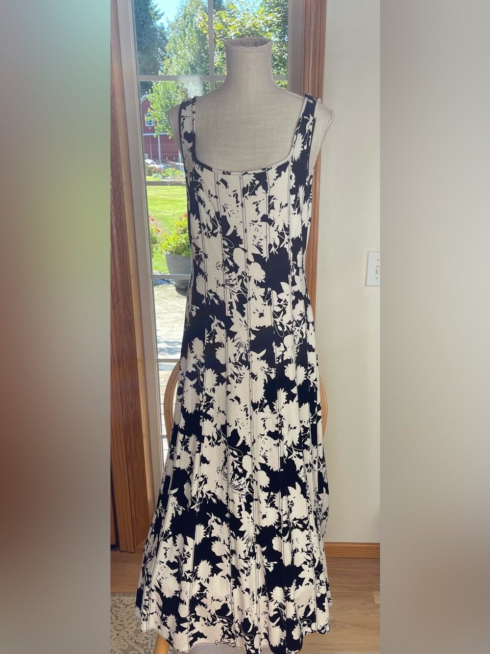 LOFT Black and White Floral Square-Neck Midi Dress